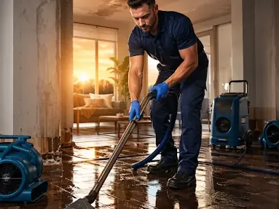 A restoration technician running extraction equipment over standing water inside a home, pulling it out before it soaks the walls